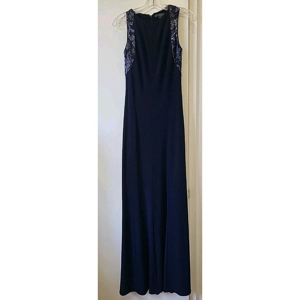 Lauren Ralph Lauren Evening Dress Long Sleeveless Sequin Detail Size 2 Blue